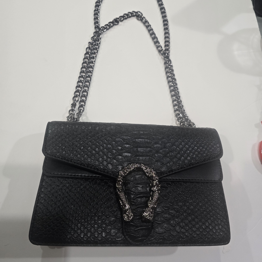 Elegant Black Chain Crossbody Bag. Snake Pattern